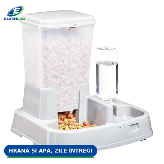 Dozator de hrană și apă 2 în 1 pentru pisici și câini, culoare albă, cu rezervor de 5 L și sticlă de apă