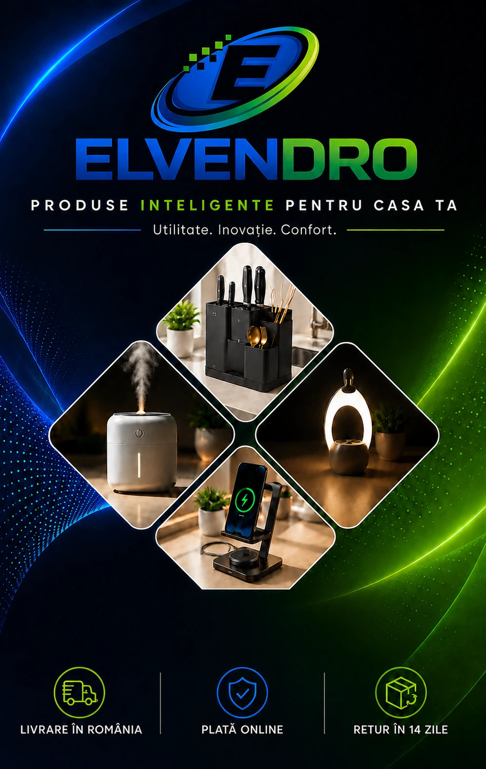 Produse ELVENDRO pentru casă: organizator, umidificator, lampă și încărcător; livrare în România și retur în 14 zile.