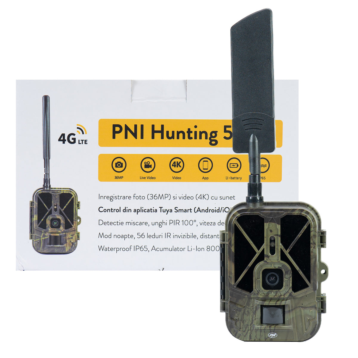 Camera PNI Hunting 550C cu antenă 4G LTE detașabilă, lângă ambalaj