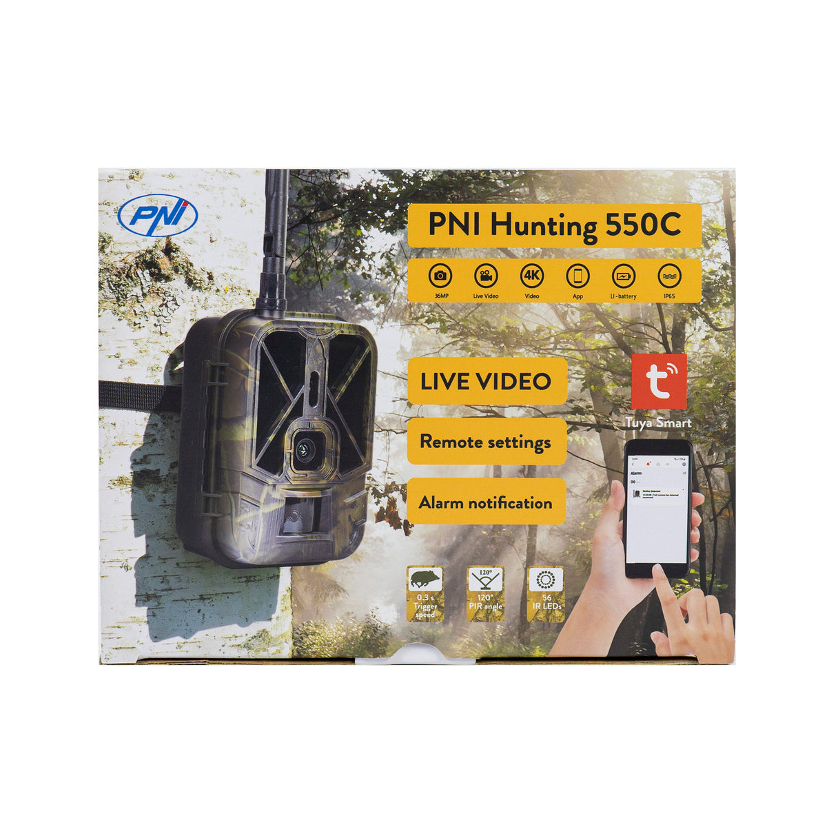 Ambalajul camerei PNI Hunting 550C: 36MP, video 4K, control din aplicația Tuya Smart