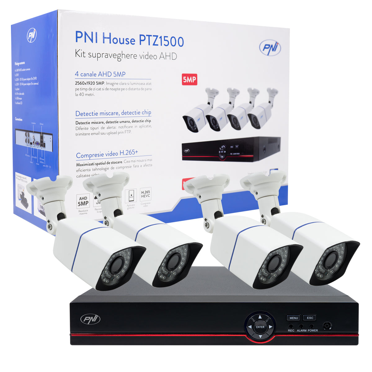 Cutia kitului de supraveghere video PNI House PTZ1500 cu DVR și 4 camere AHD 5MP