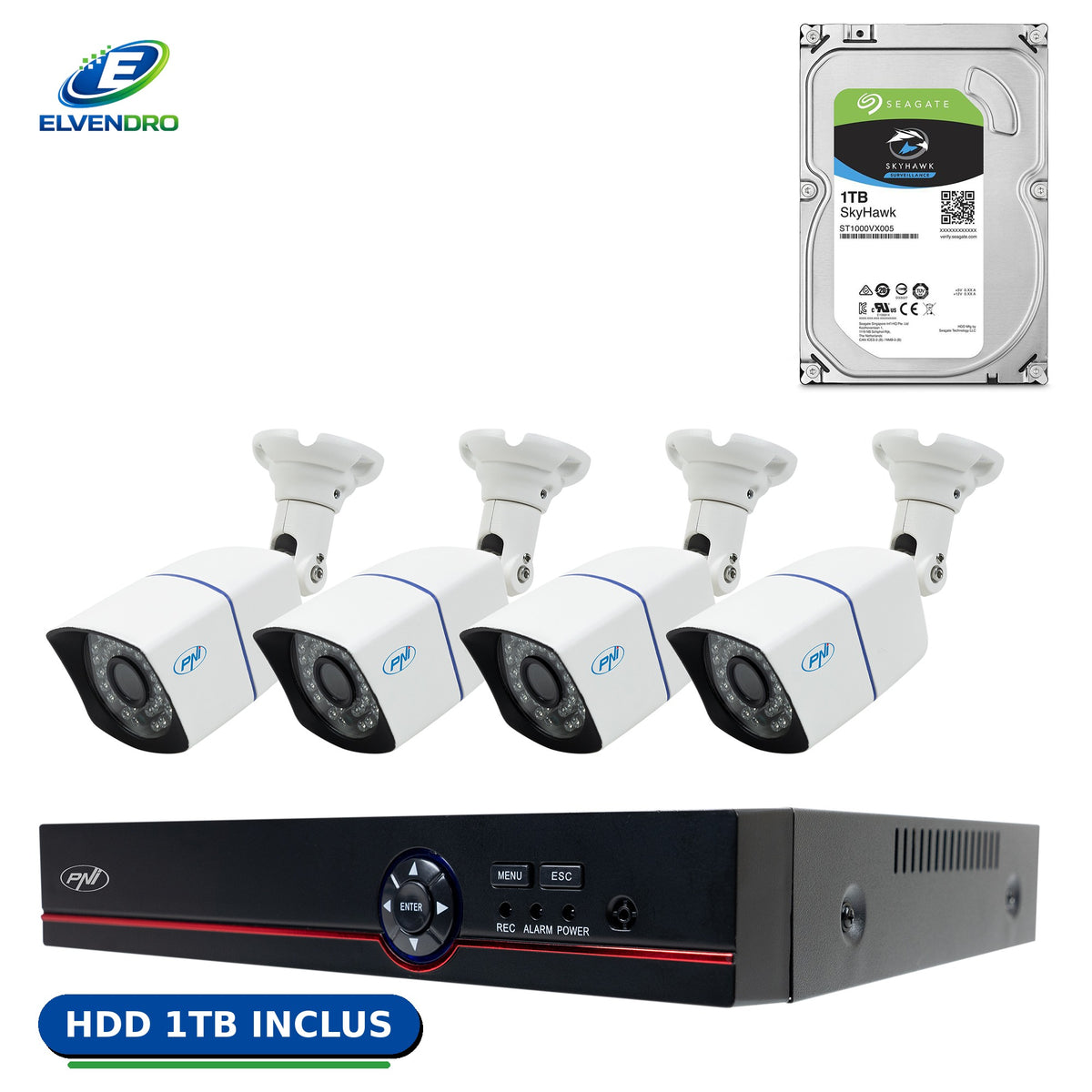 Kit supraveghere video PNI House PTZ1500 cu 4 camere 5MP de exterior, DVR și HDD 1TB inclus