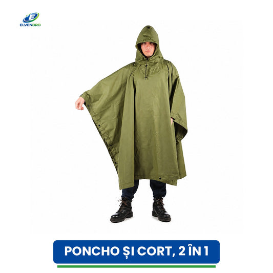 Poncho de ploaie și cort 2 în 1 Galvi Linda, impermeabil 10.000 mm, purtat — echipament militar